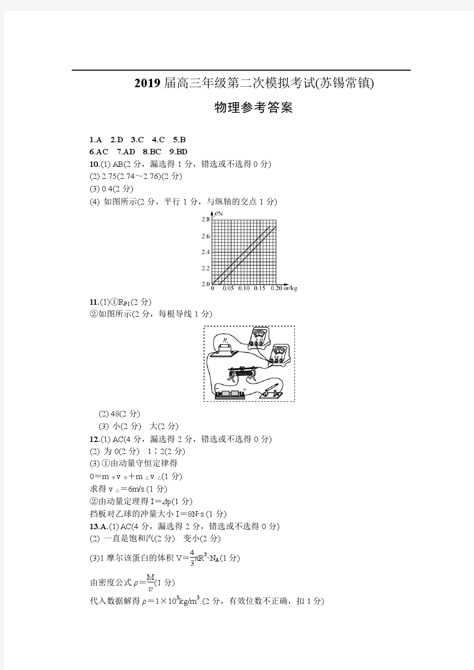 2019苏锡常镇(物理)二模答案