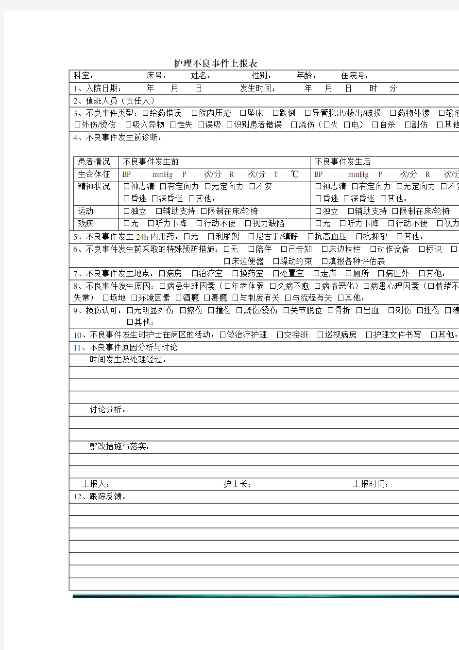 2018护理不良事件上报表