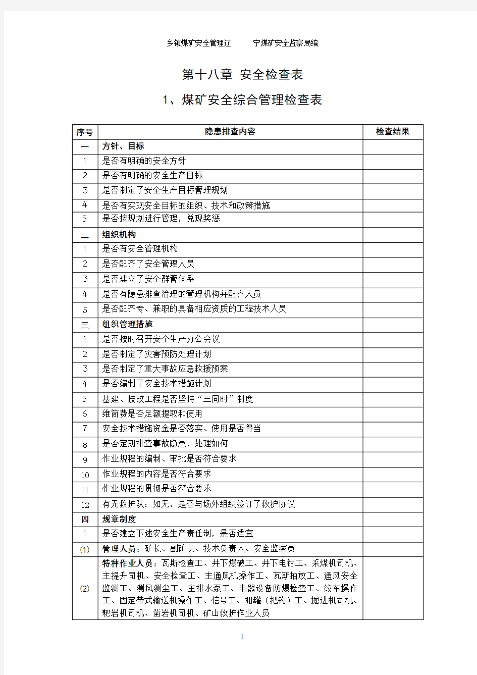 煤矿安全检查表