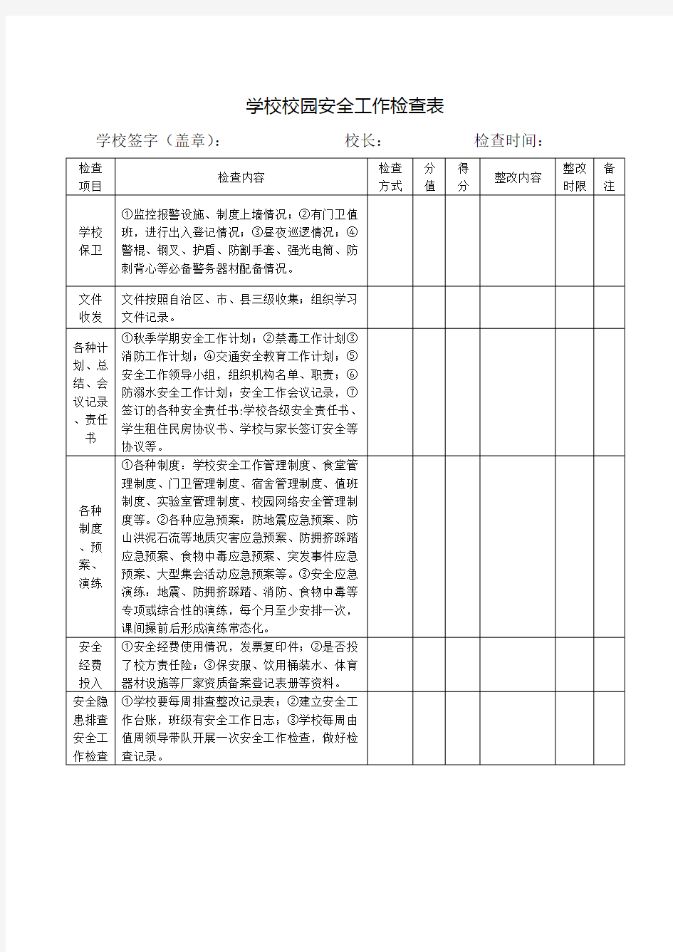 学校校园安全工作检查表