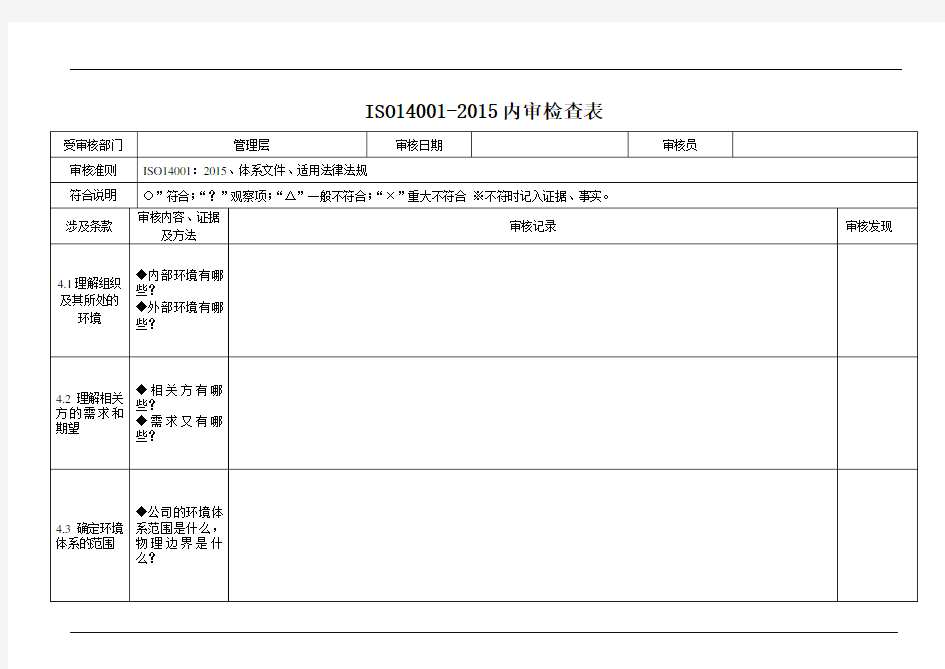 ISO14001：2015内审检查表(各部门)