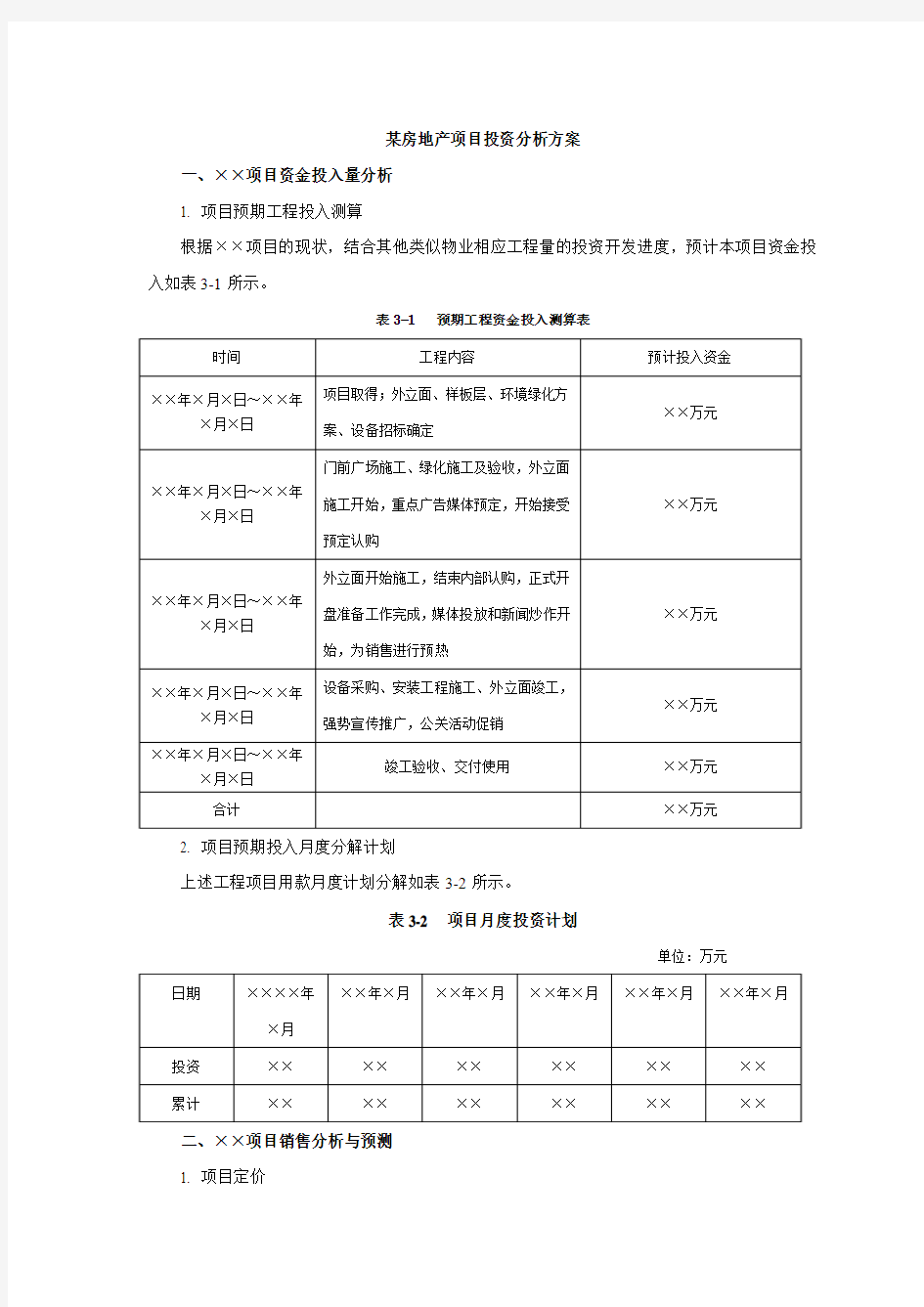 某房地产项目投资分析方案