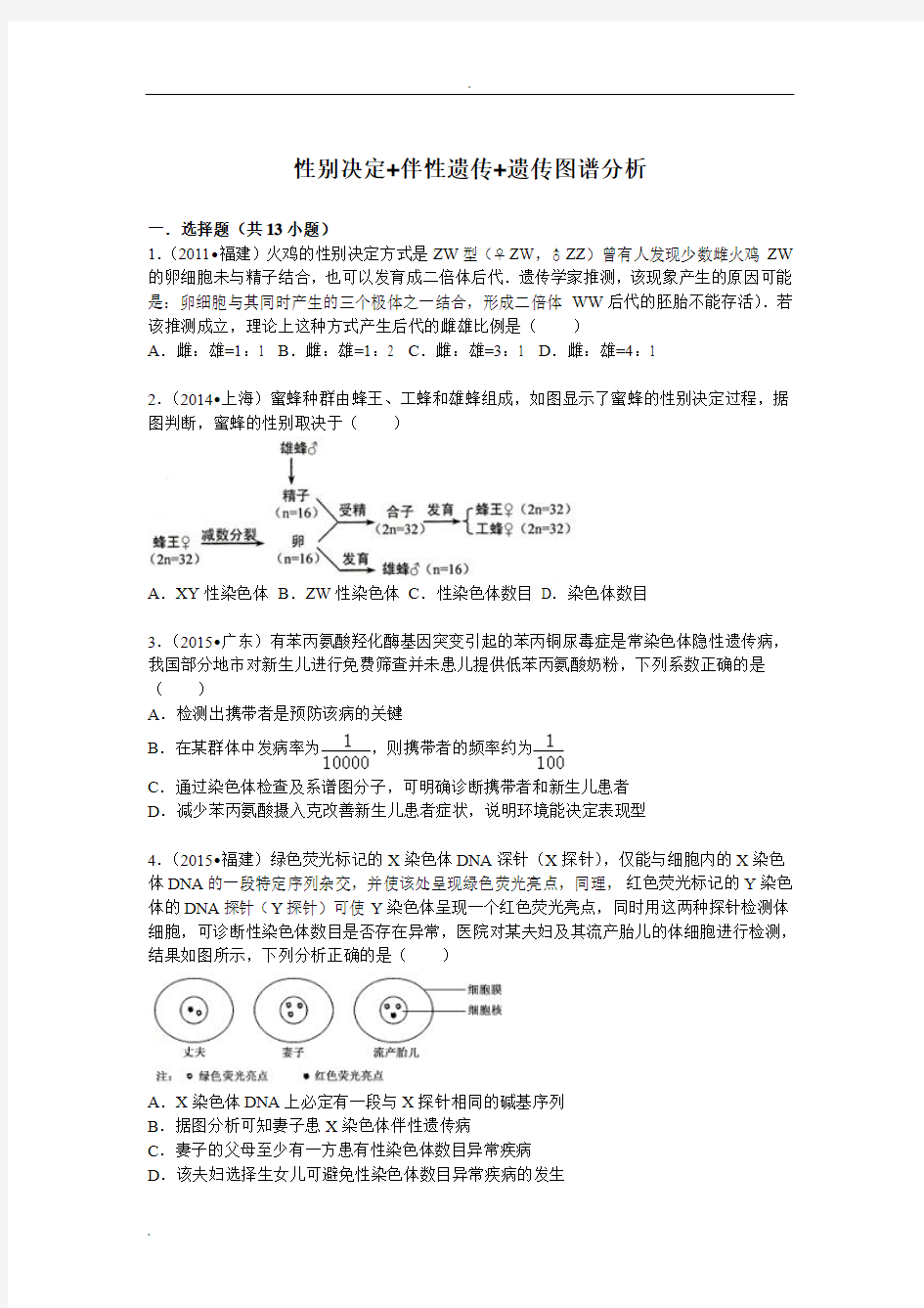 性别决定+伴性遗传+遗传图谱分析高考经典例题