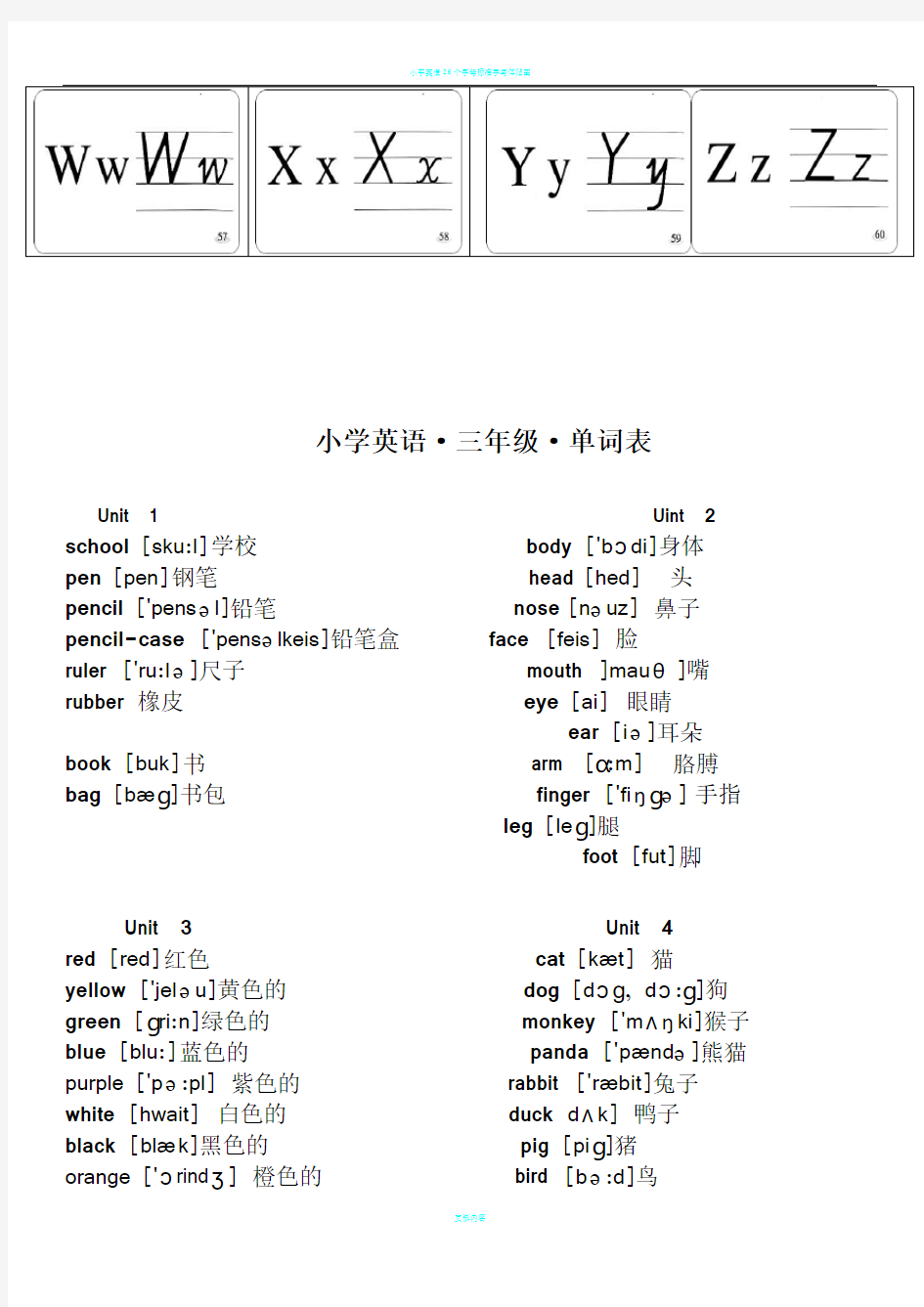 26个英文字母印刷体与手写体对照表