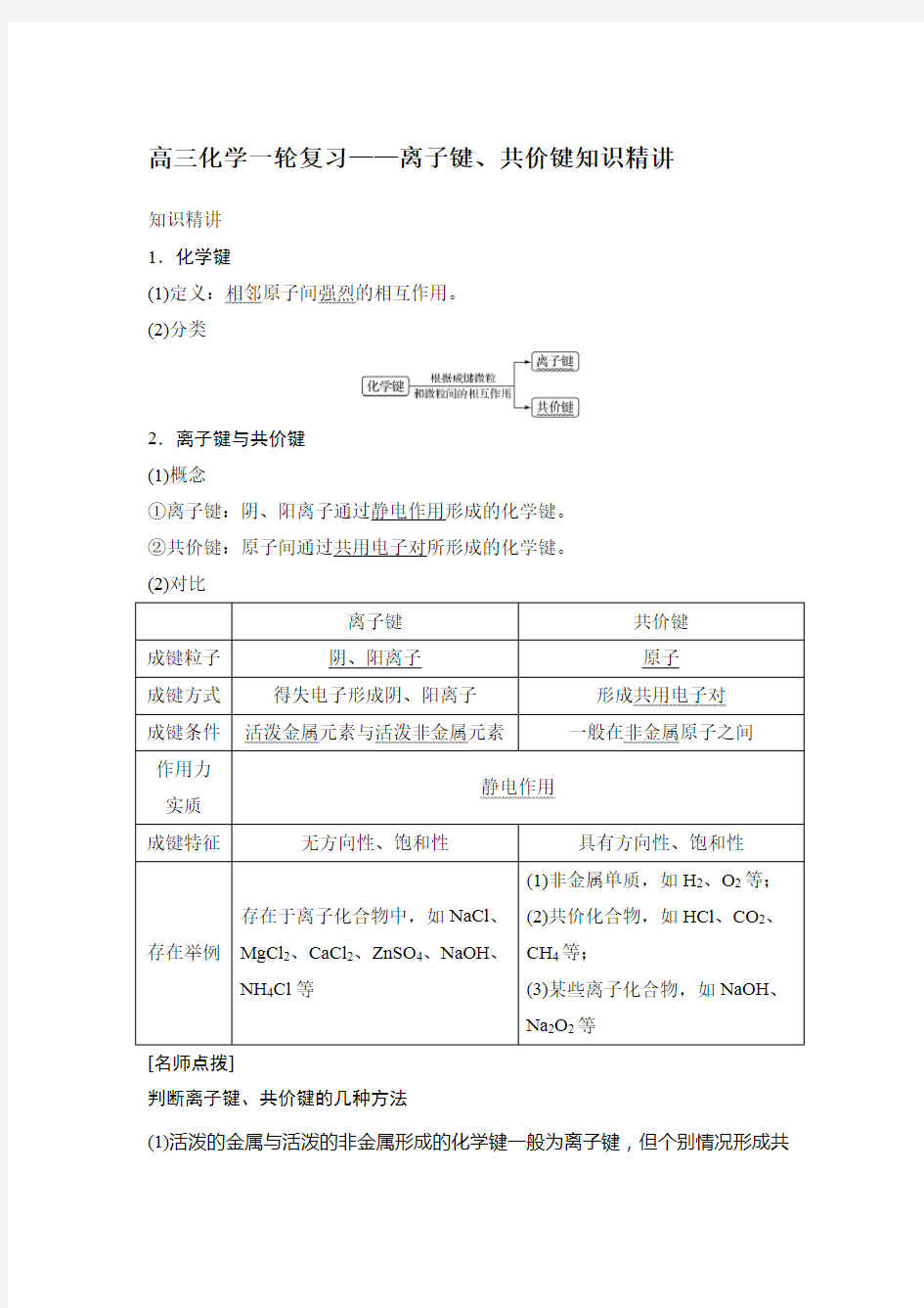 高三化学一轮复习——离子键、共价键知识精讲