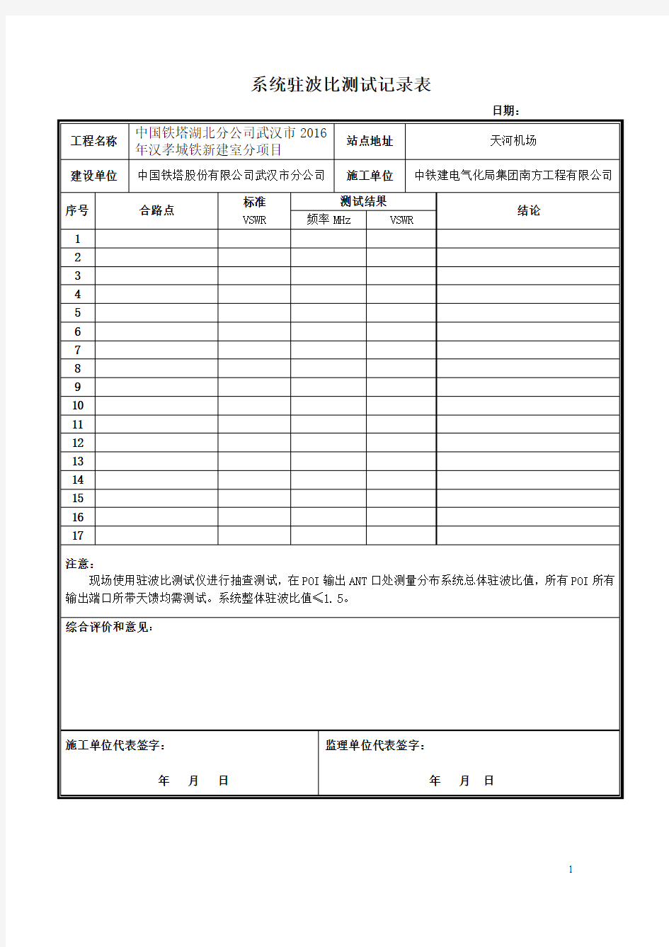 系统驻波比验收记录表V1.0-模板