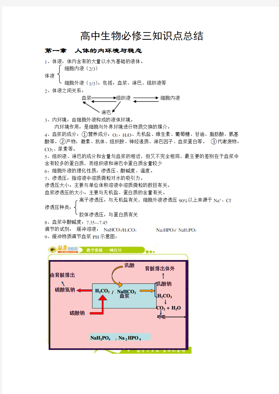 人教版高中生物必修三知识点总结归纳