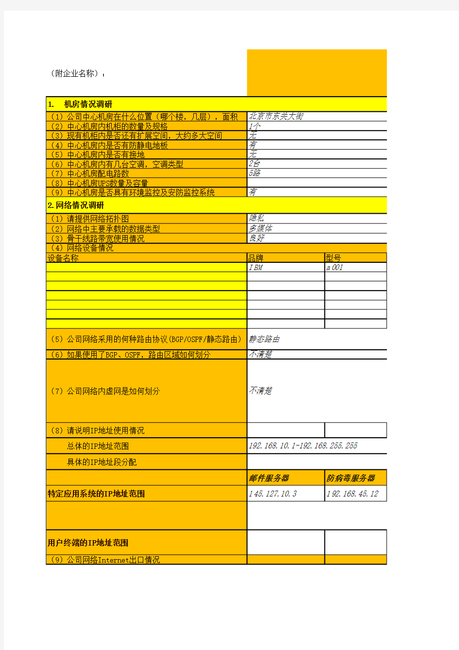 企业IT基础设施情况调研问卷