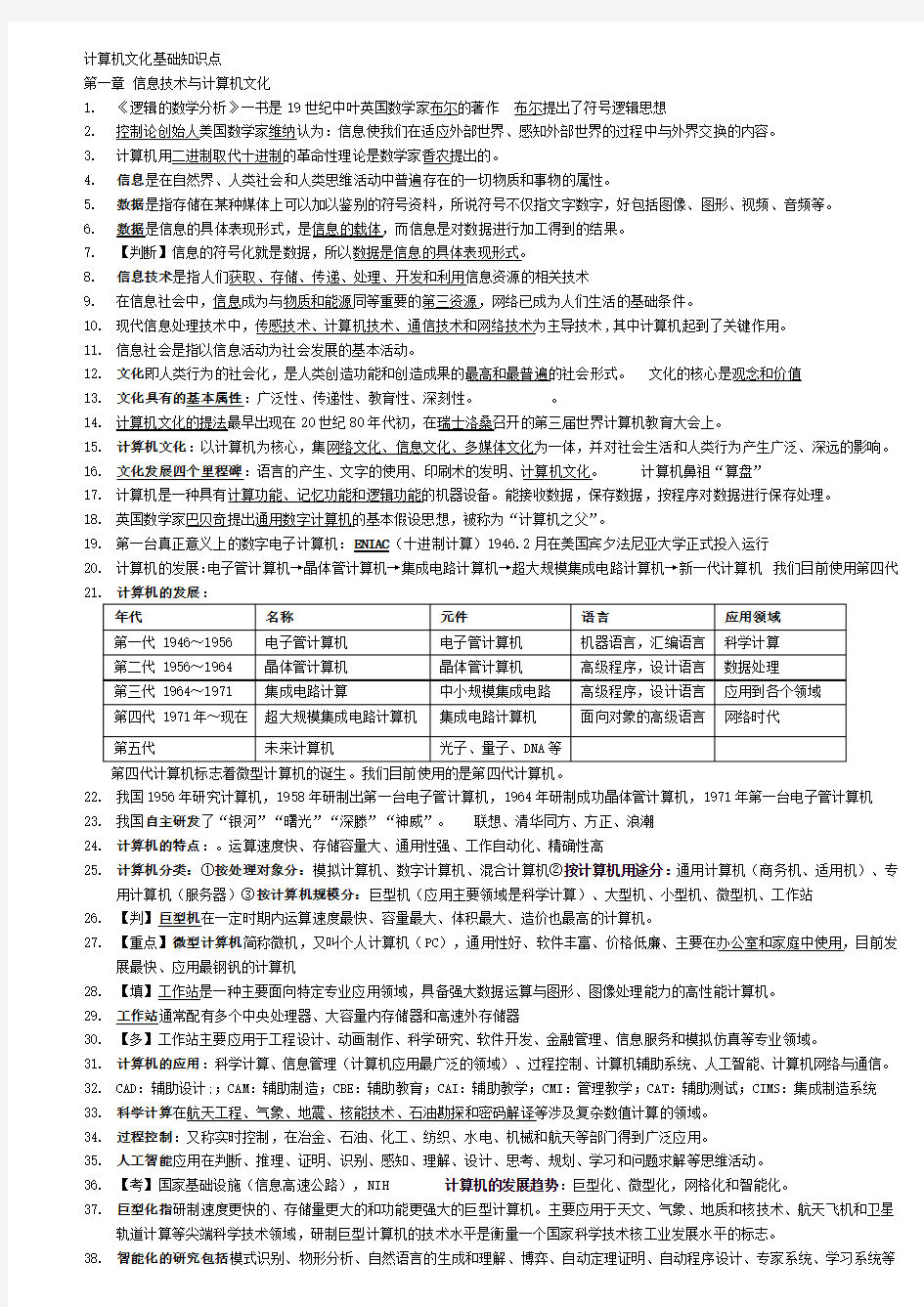 2013专升本计算机文化基础知识点第一、二章