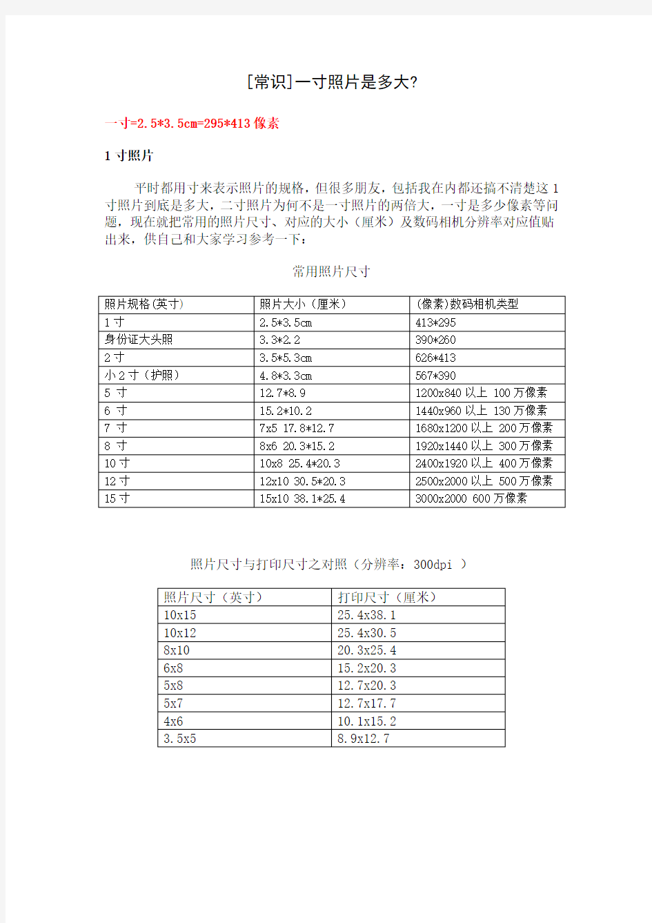 一寸照片是多大