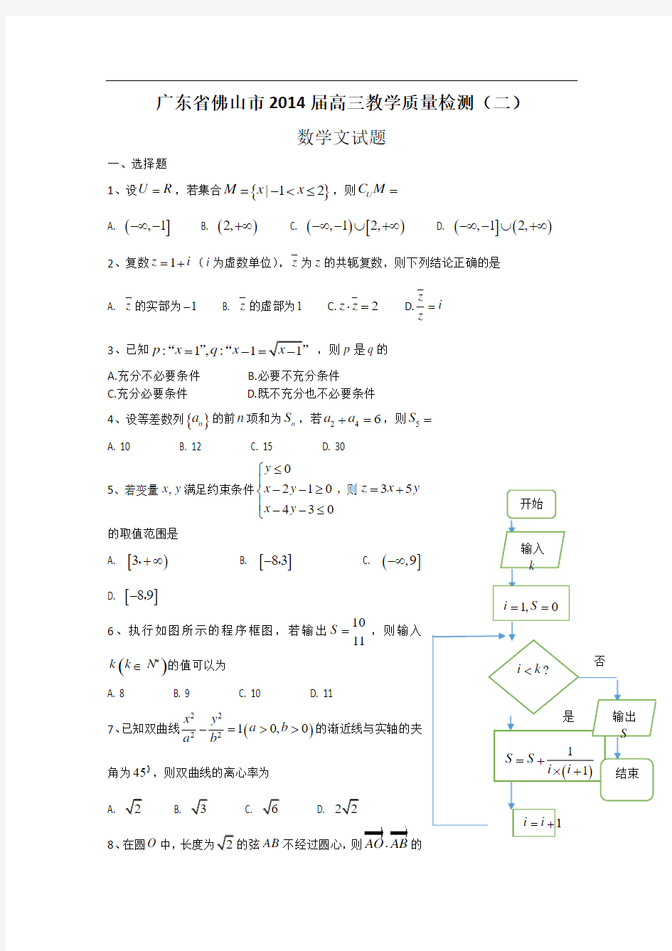 2014广东省佛山市高三二模数学文试题及答案