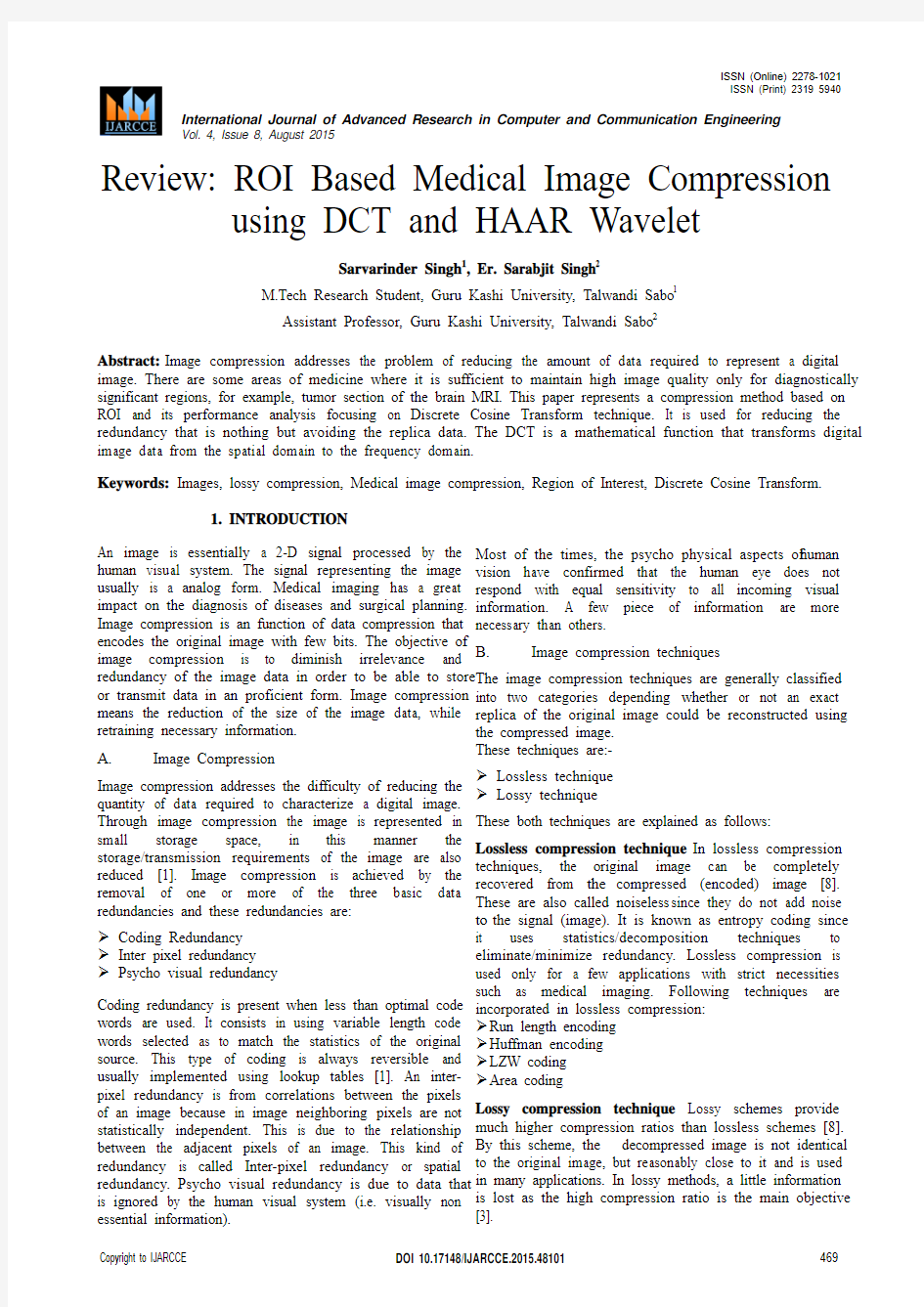 Review ROI Based Medical Image Compression using DCT and HAAR Wavelet