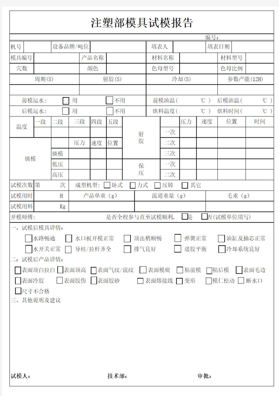 注塑部模具试模报告书