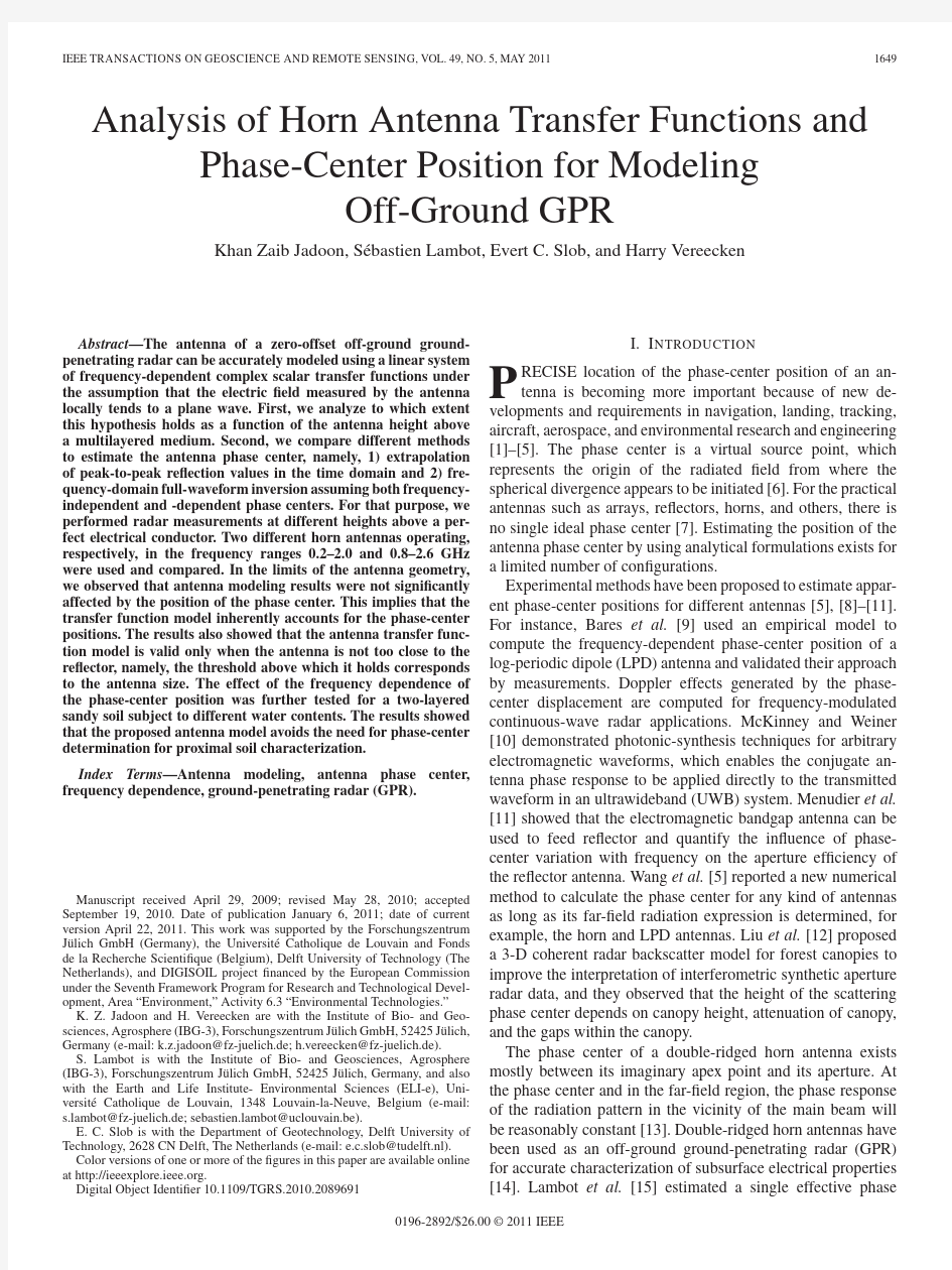 Analysis of Horn Antenna Transfer Functions and Phase-Center Position for Modeling Off-Ground GPR