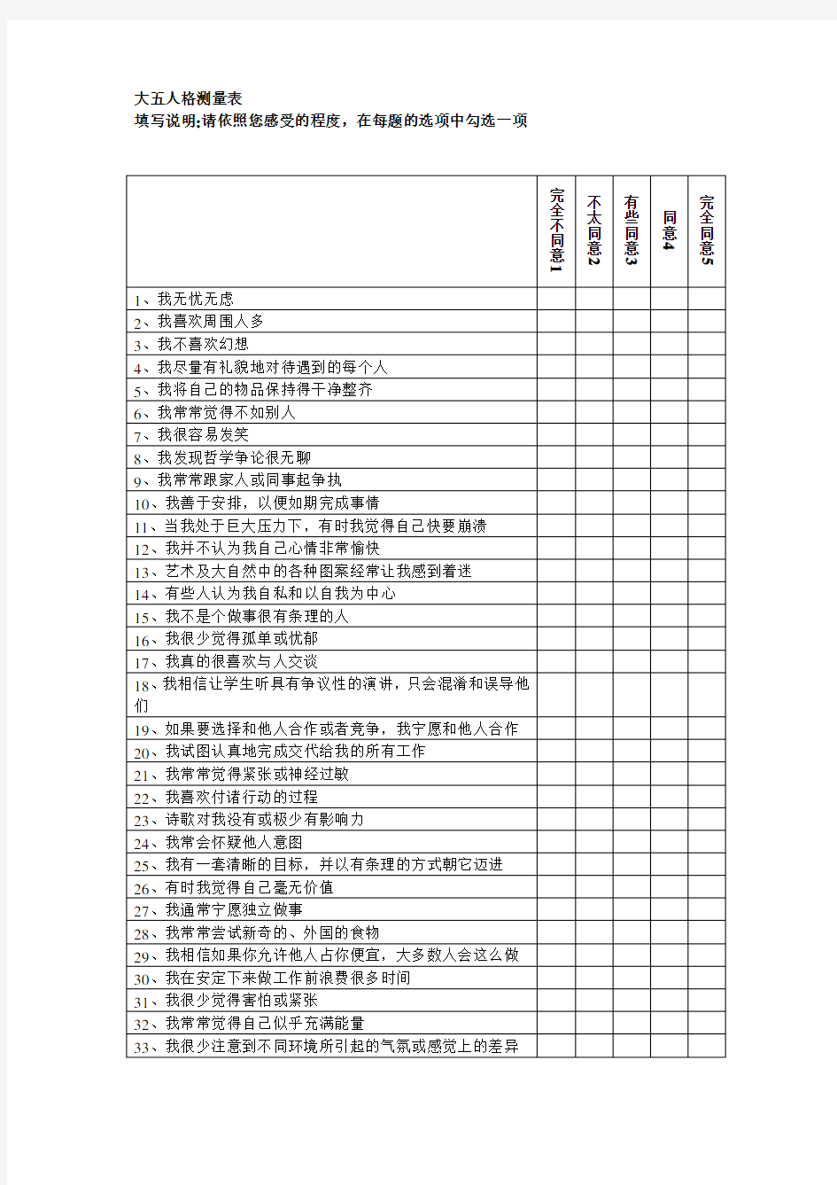 大五人格量表(附计分表)