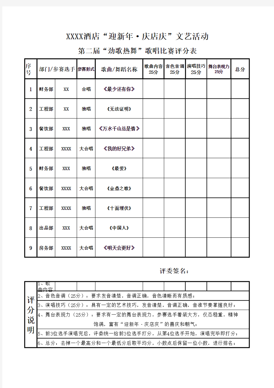 歌唱比赛评分表