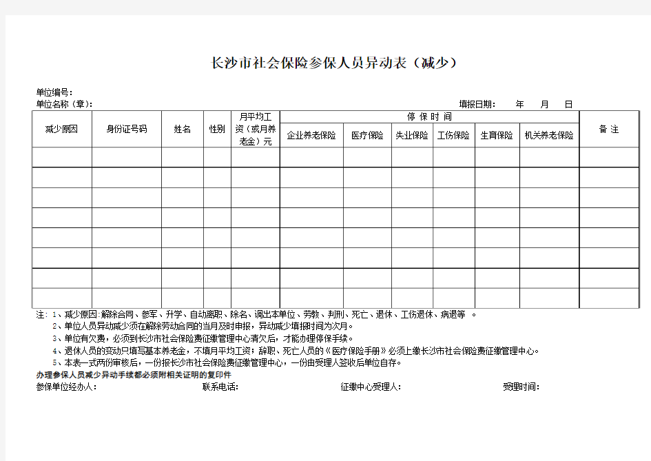 长沙市社会保险参保人员异动表(减少)