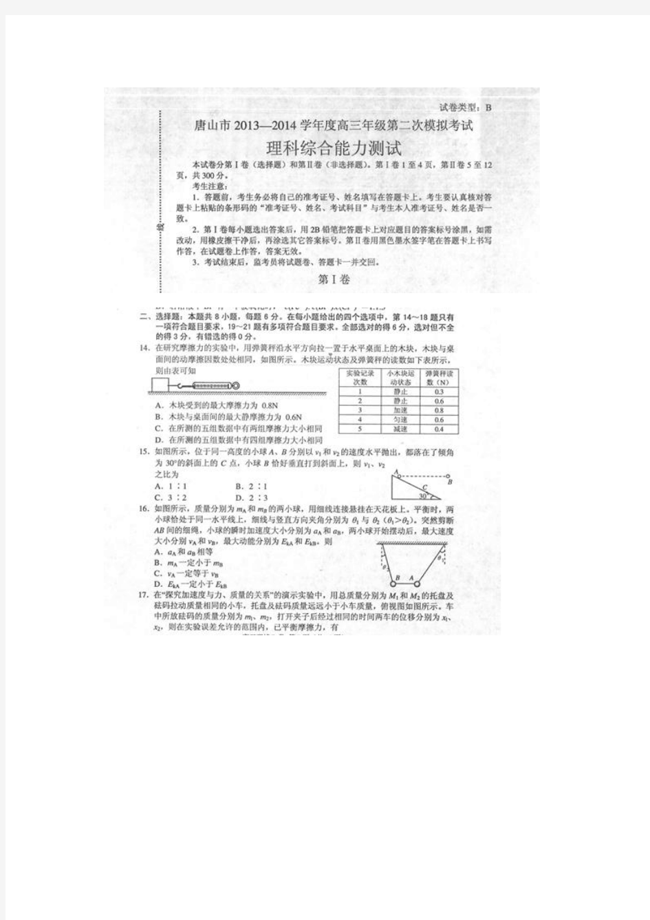 河北省唐山市2014届高三4月第二次模拟考试物理试题(B卷)(高清试题,word答案)