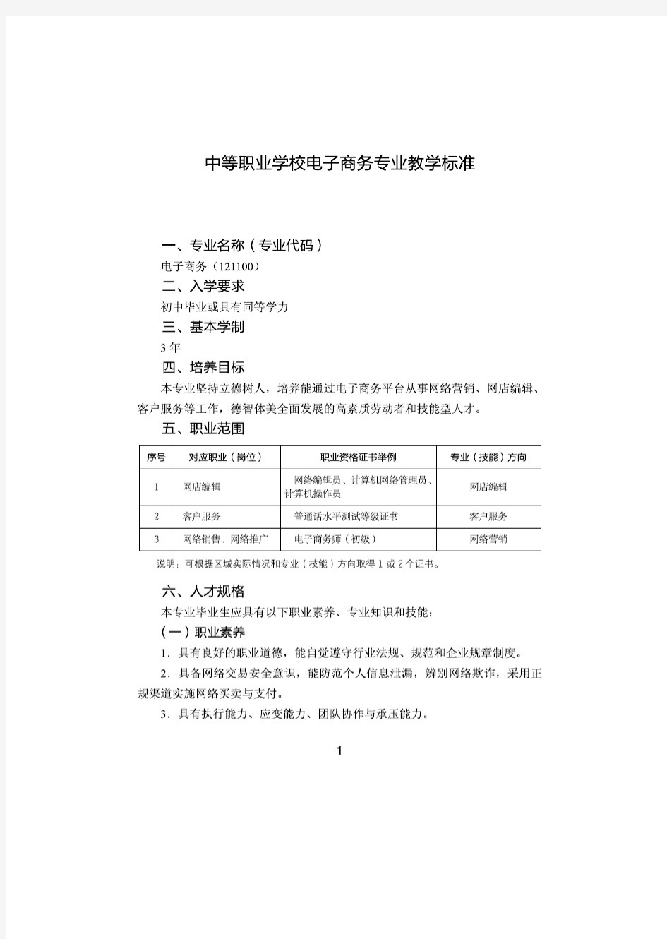 中等职业学校电子商务专业教学标准