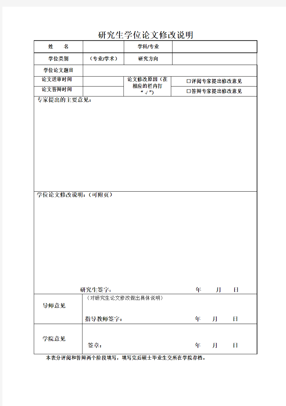 研究生学位论文修改说明(论文评阅及答辩后分别填写)