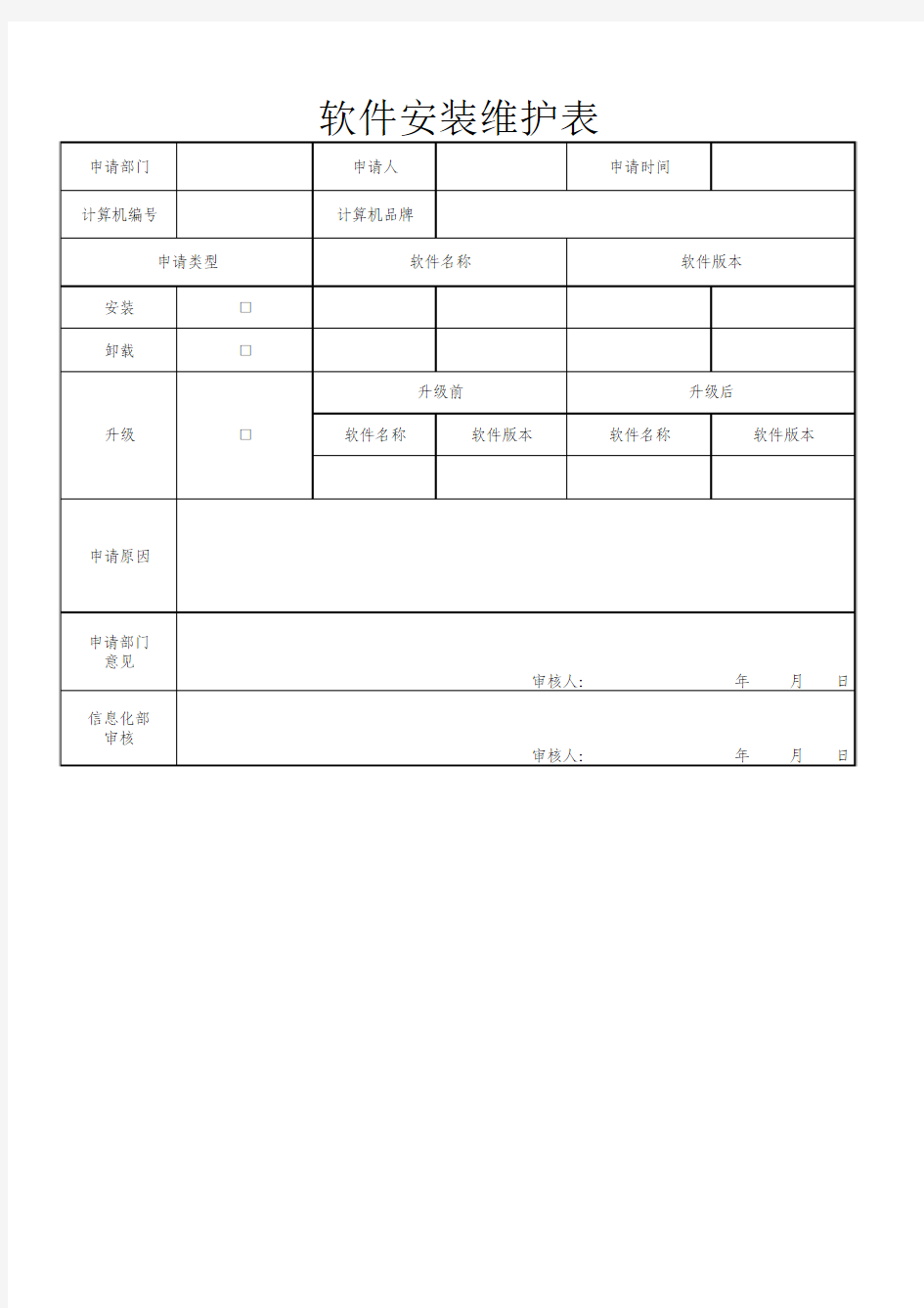 软件安装维护申请表