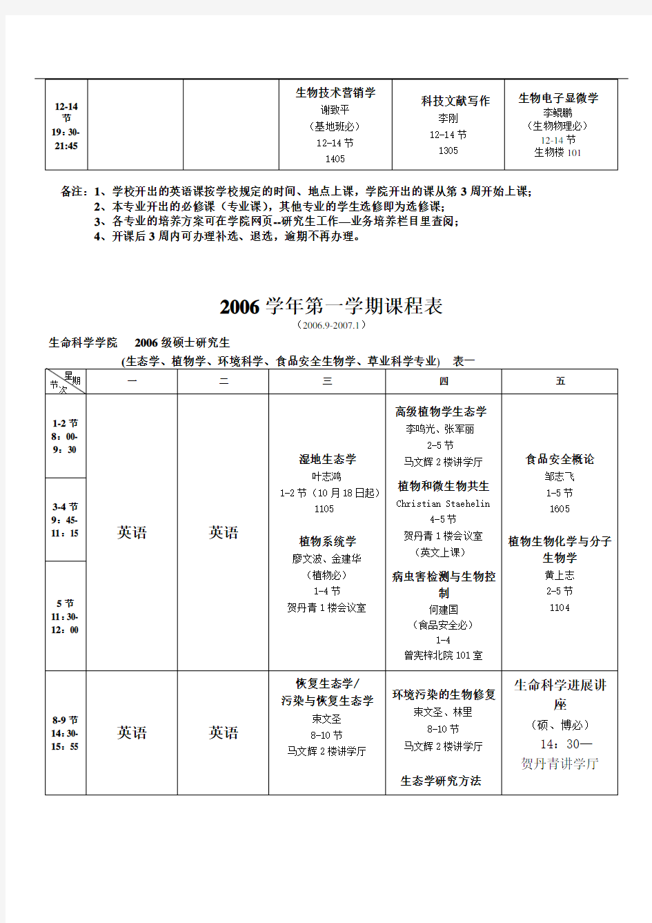 7022006学年第一学期课程表