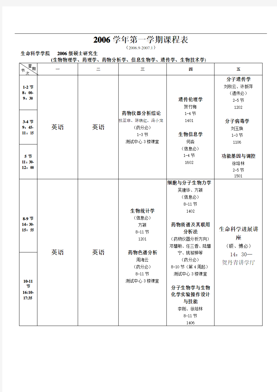 7022006学年第一学期课程表