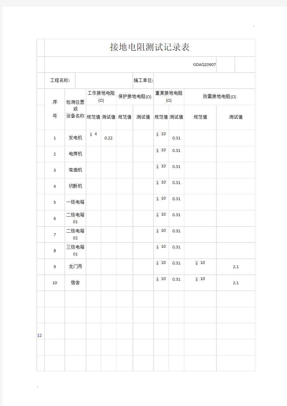 接地电阻测试表范例