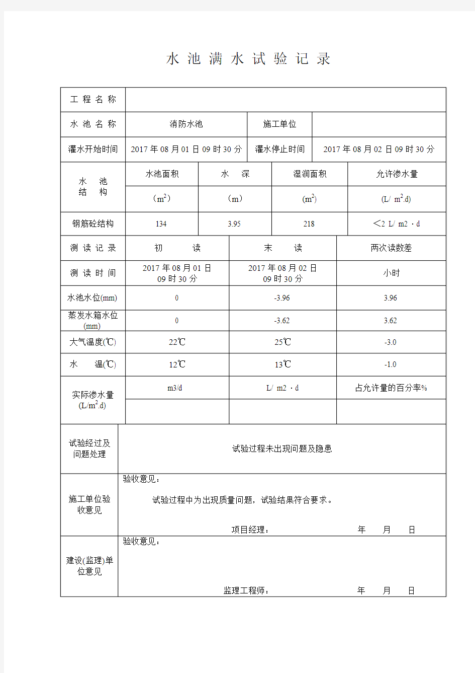 水池满水试验记录表