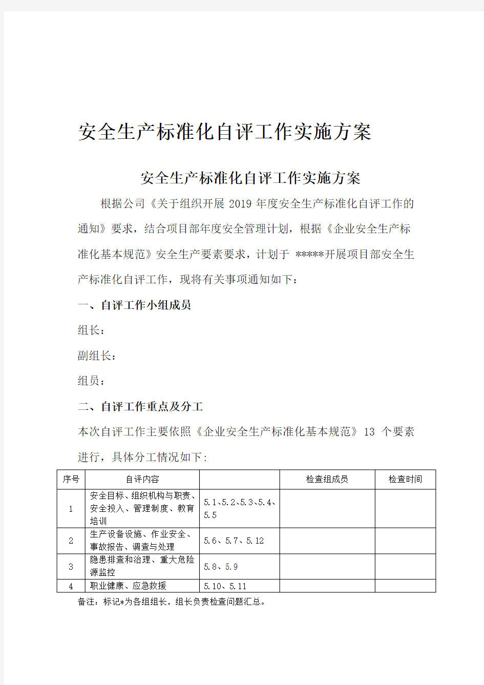 安全生产标准化自评工作方案