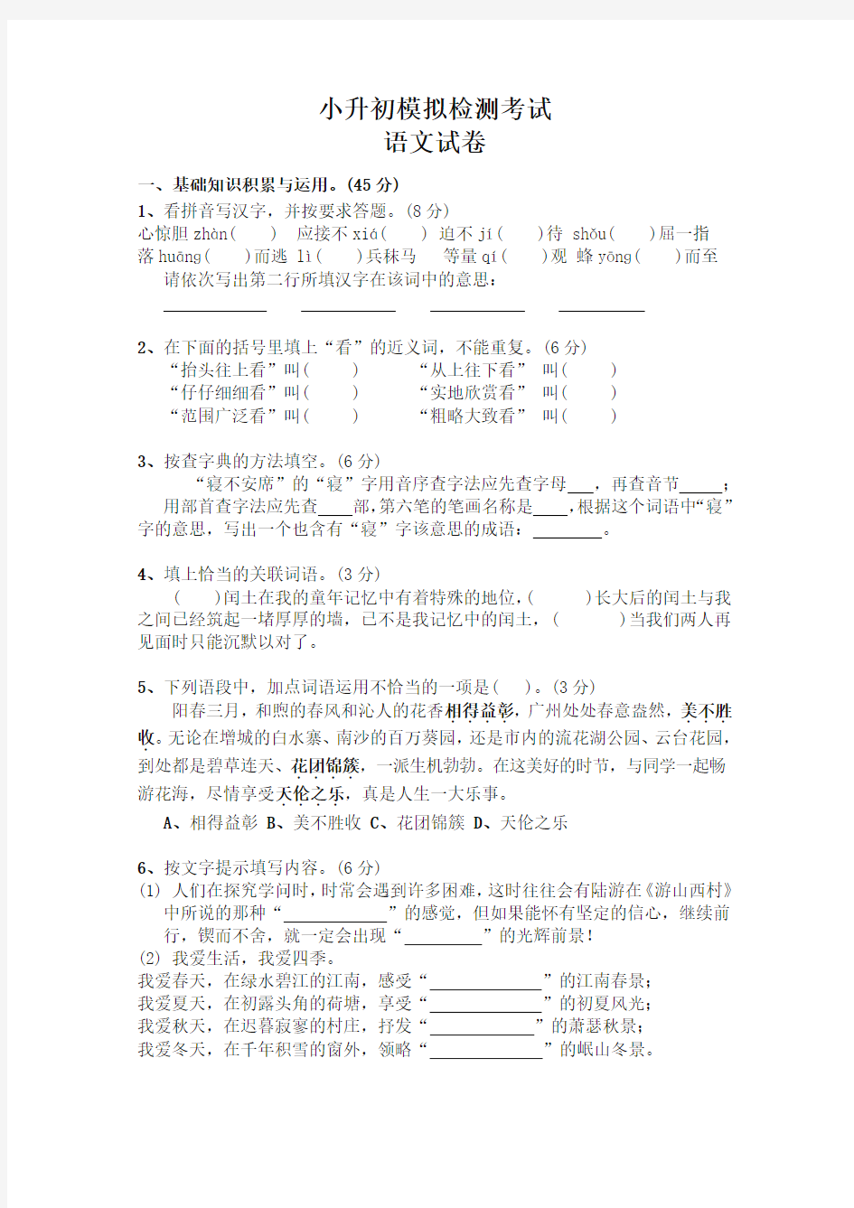 2020年小升初语文模拟试卷及答案-【精】