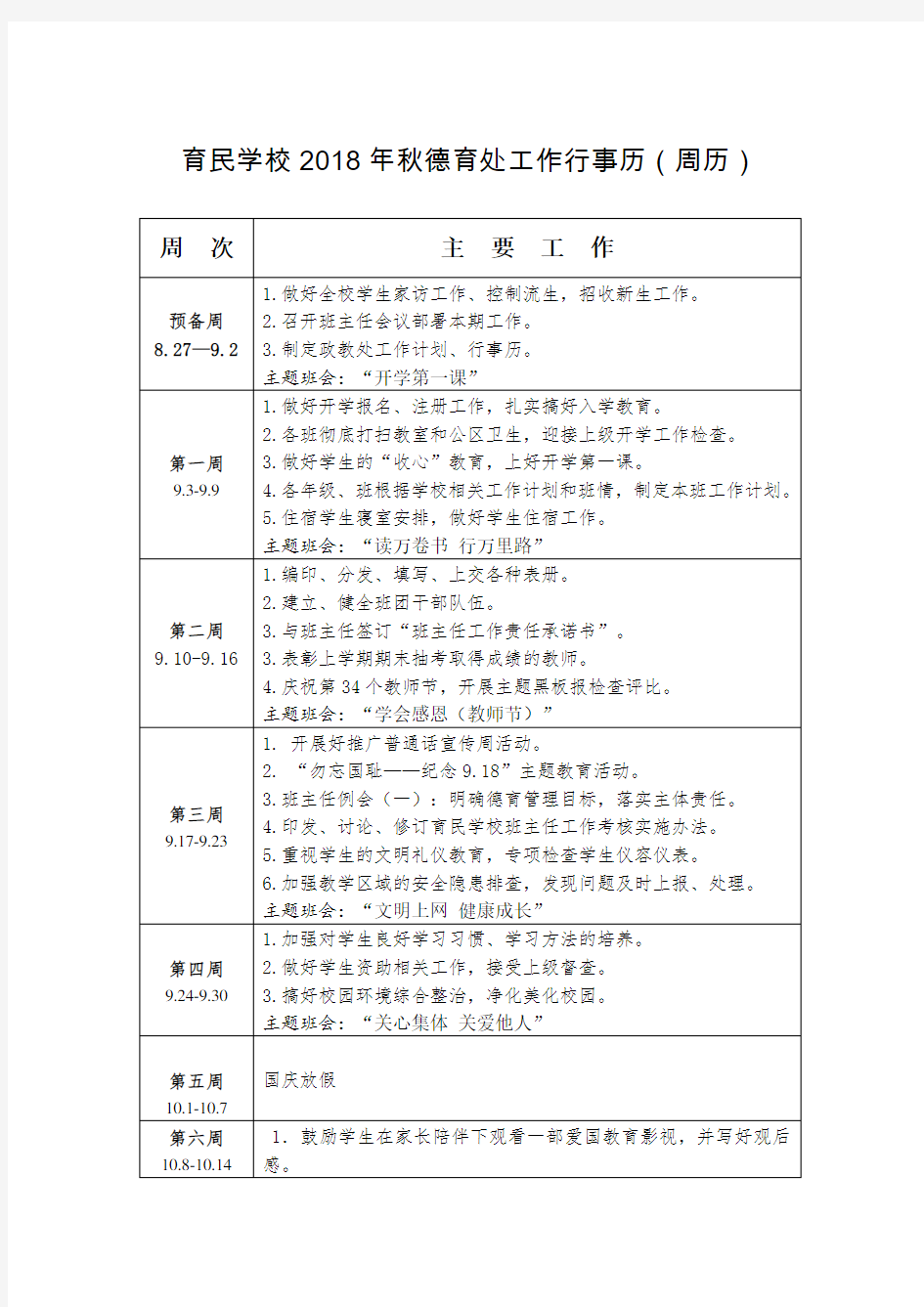 (完整版)2018学年第一学期德育处行事历