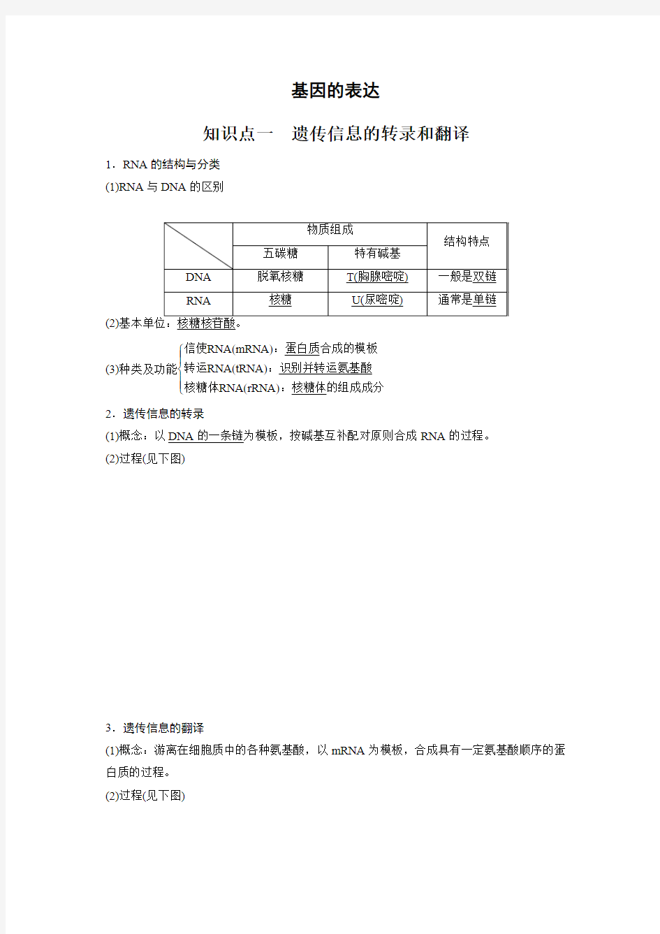 生物必修二  基因的表达  知识点 知识总结 基础梳理教案资料