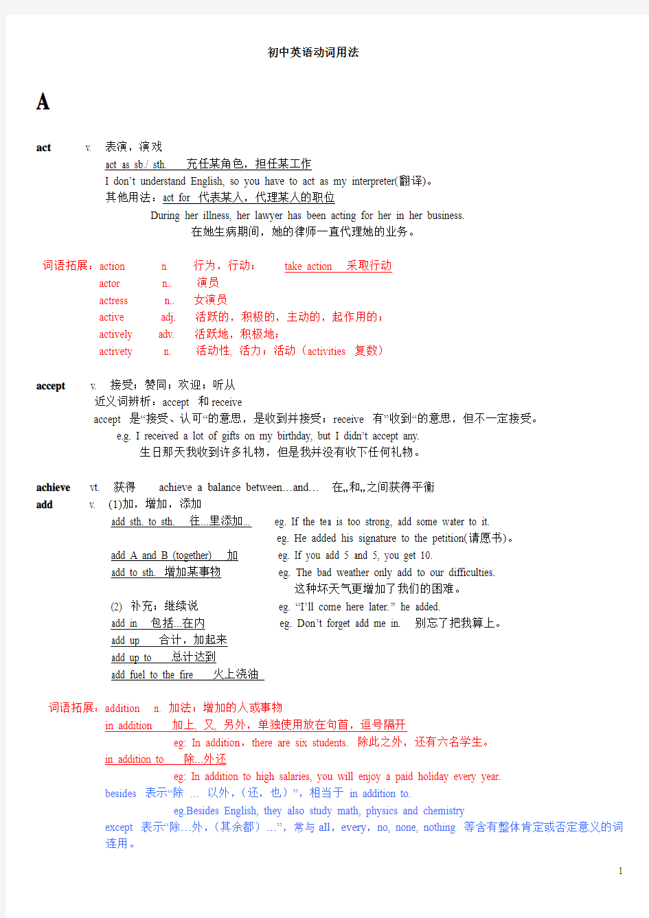 初中英语重点动词用法 A-Z