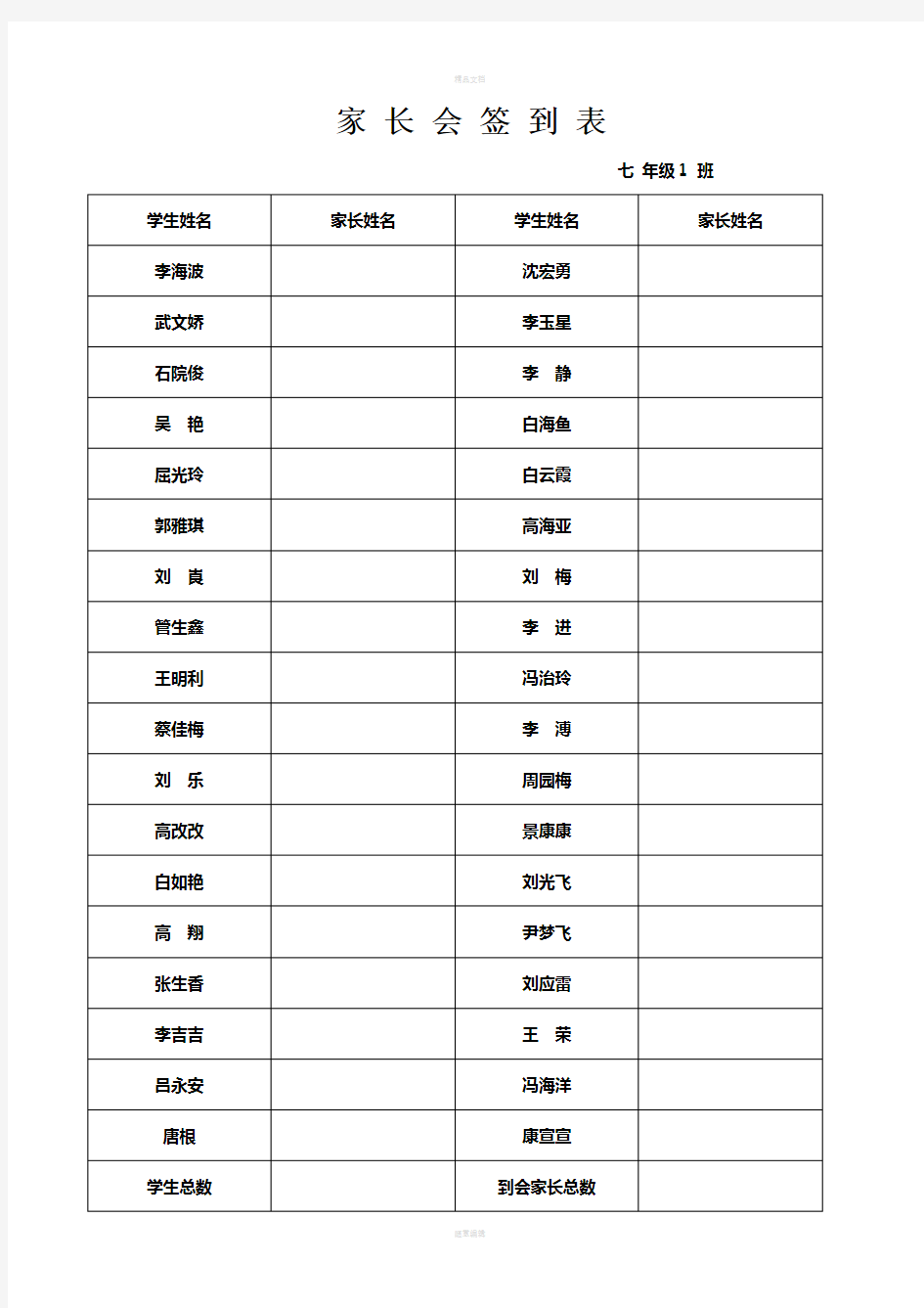 家长会签到表(1)