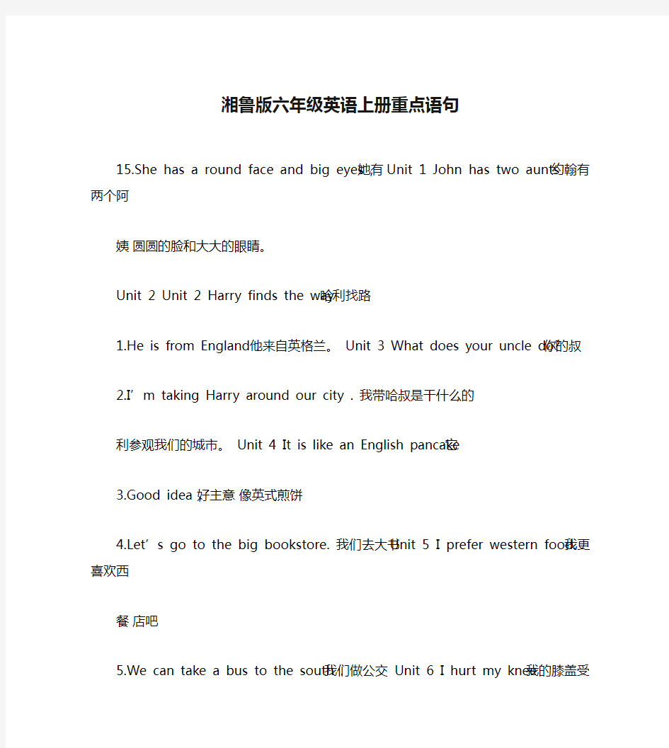 湘鲁版六年级英语上册重点语句