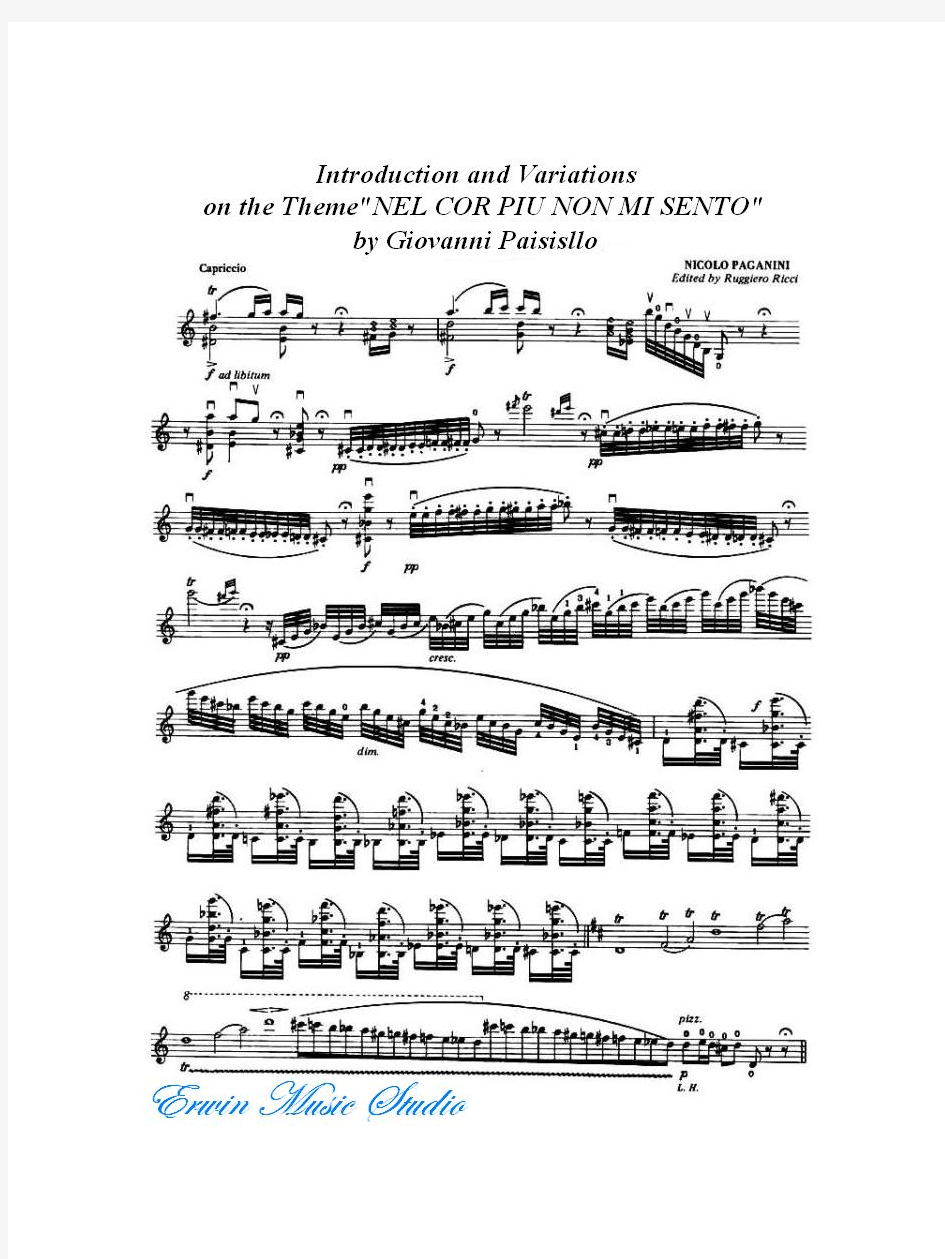 Violin  Nicolo Paganini, Introduction and Variations版本 1小提琴无伴奏曲谱