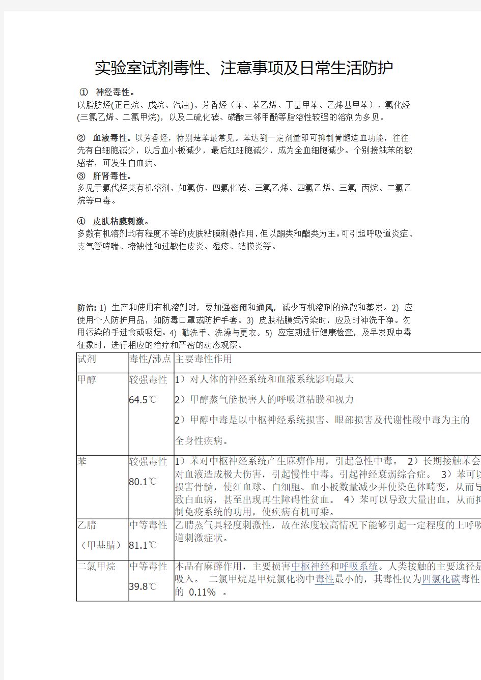 实验室试剂毒性、注意事项及日常生活防护