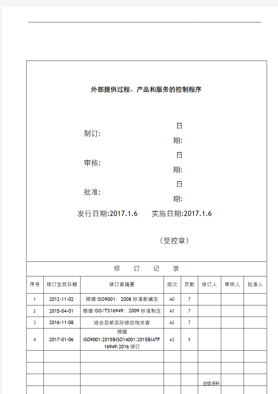 外部提供过程、产品和服务的控制程序