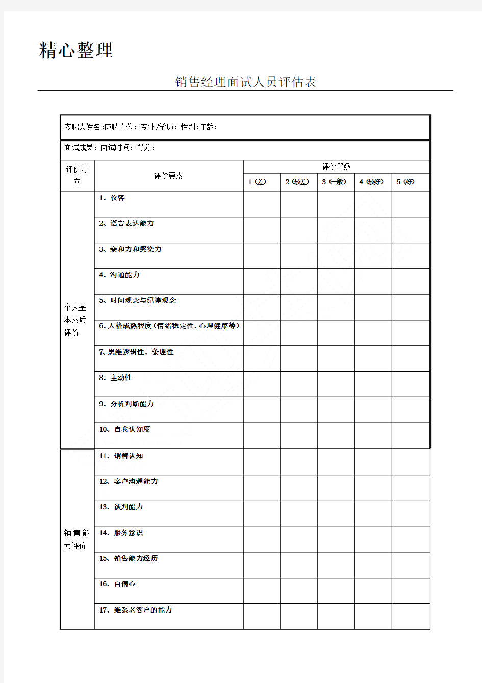 销售经理面试评估表格模板