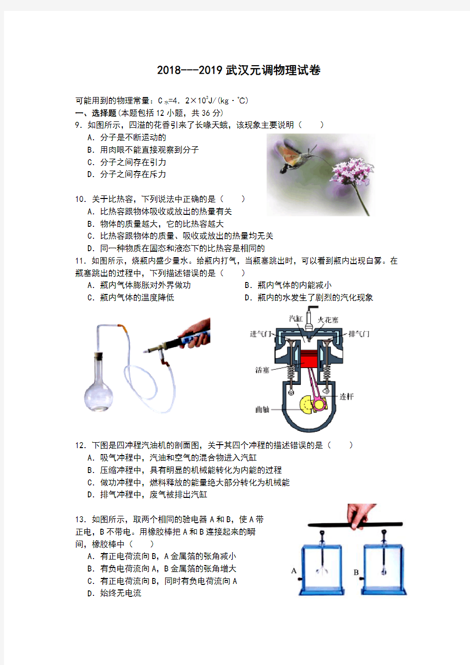 武汉市2019年元月调考物理试题