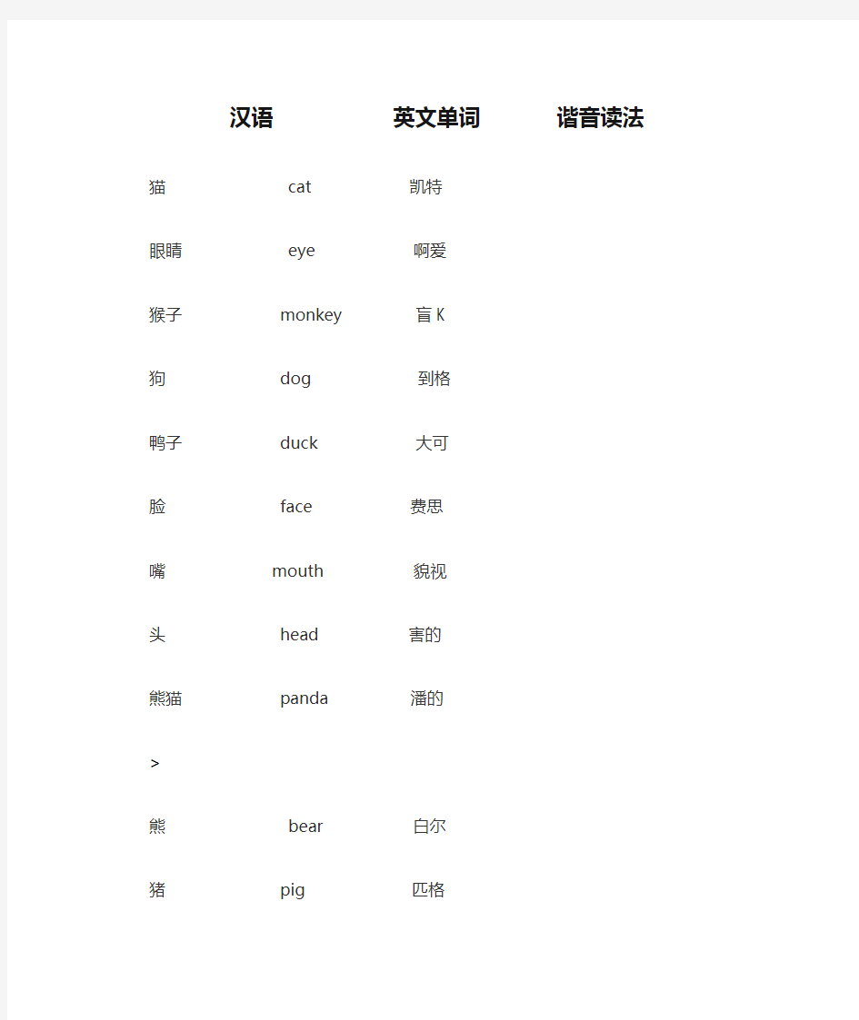 汉语           英文单词       谐音读法