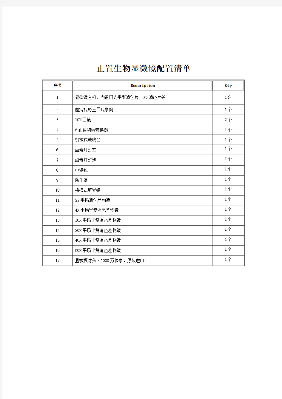 正置生物显微镜技术参数