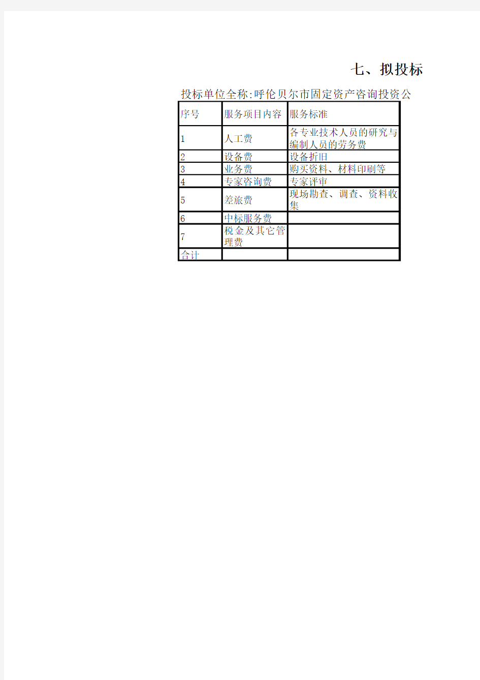 服务分项报价明细表