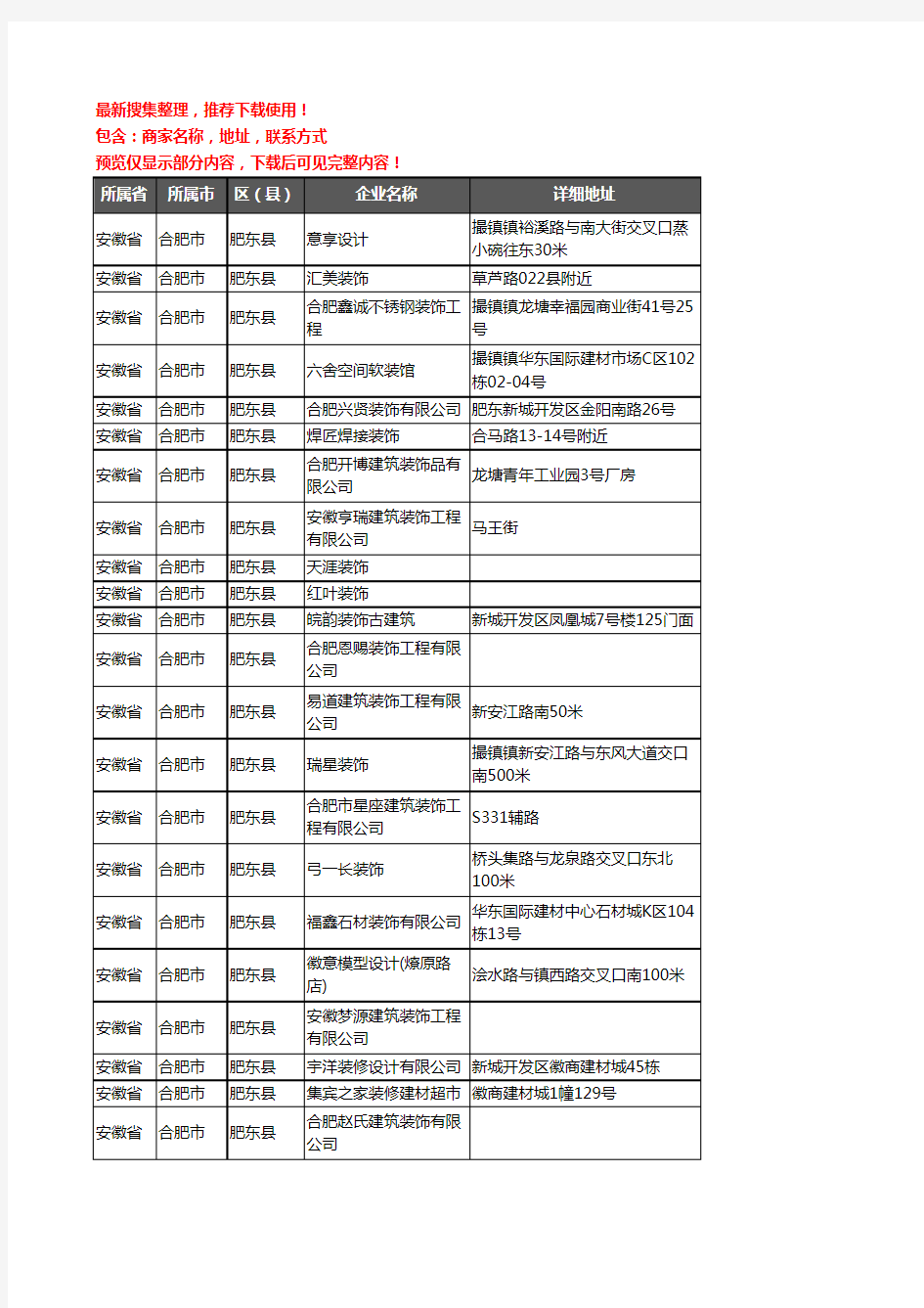 新版安徽省合肥市肥东县装修公司企业公司商家户名录单联系方式地址大全71家