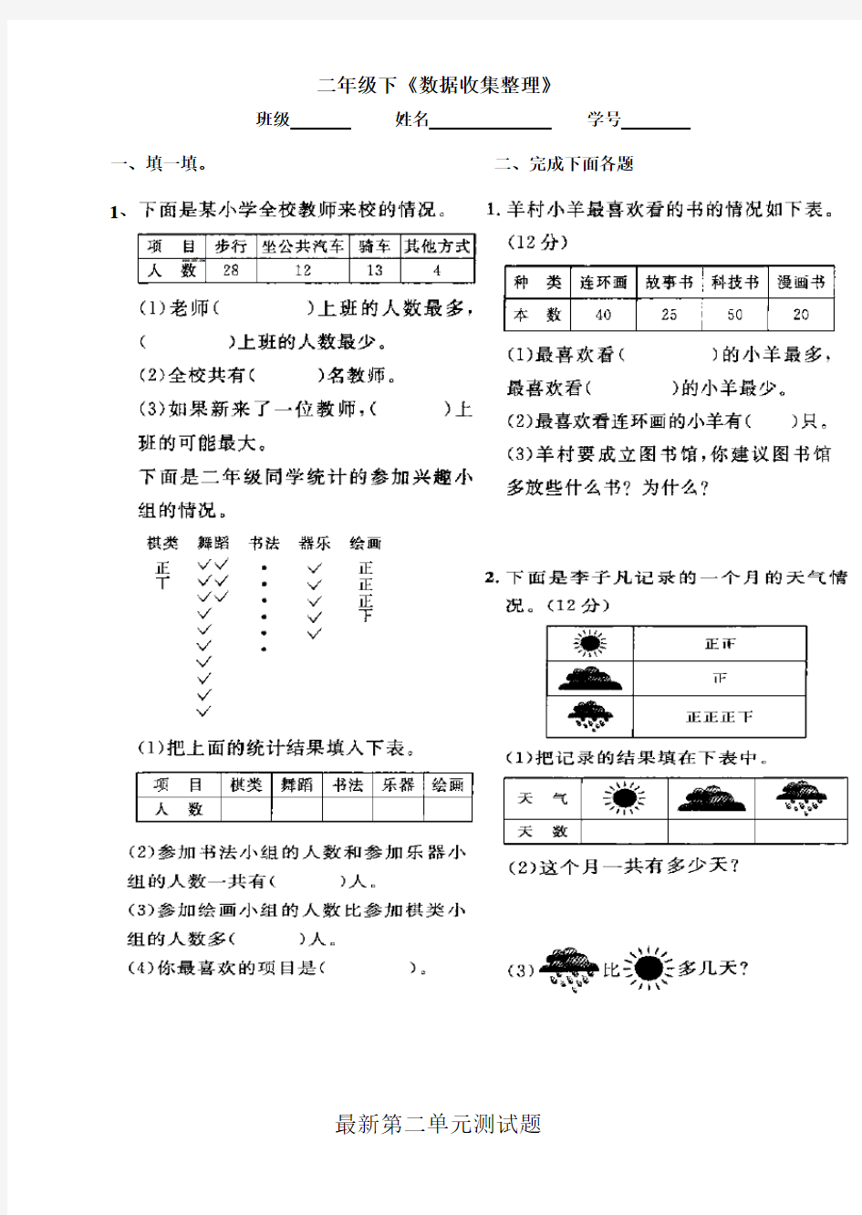 人教版小学二年级下册数学单元测试题(全册)