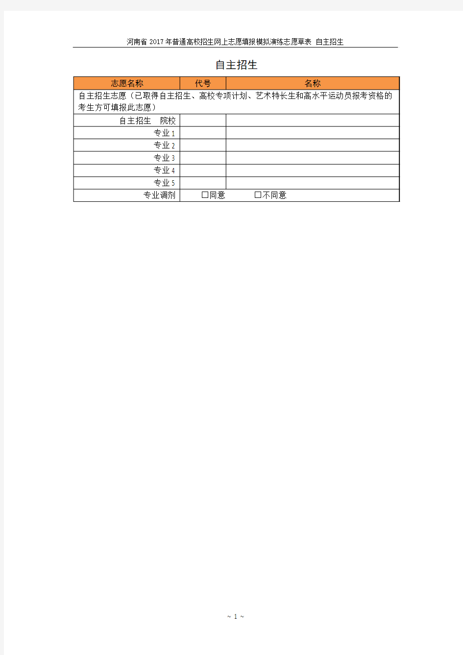 河南省2017年普通高校招生网上志愿填报模拟演练志愿草表_自主招生