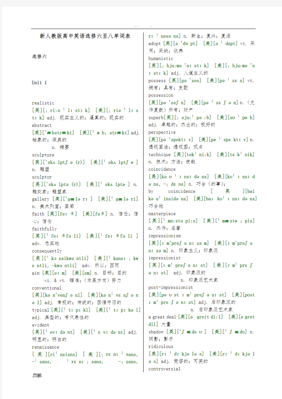 新人教版高中英语选修六至选修八单词(带音标)