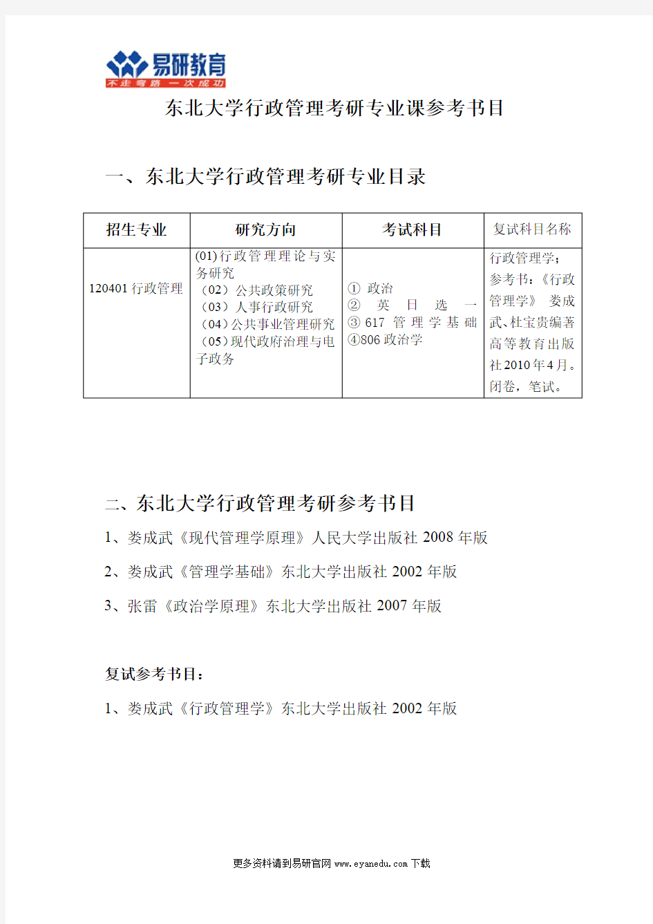 2016东北大学行政管理考研专业课参考书目