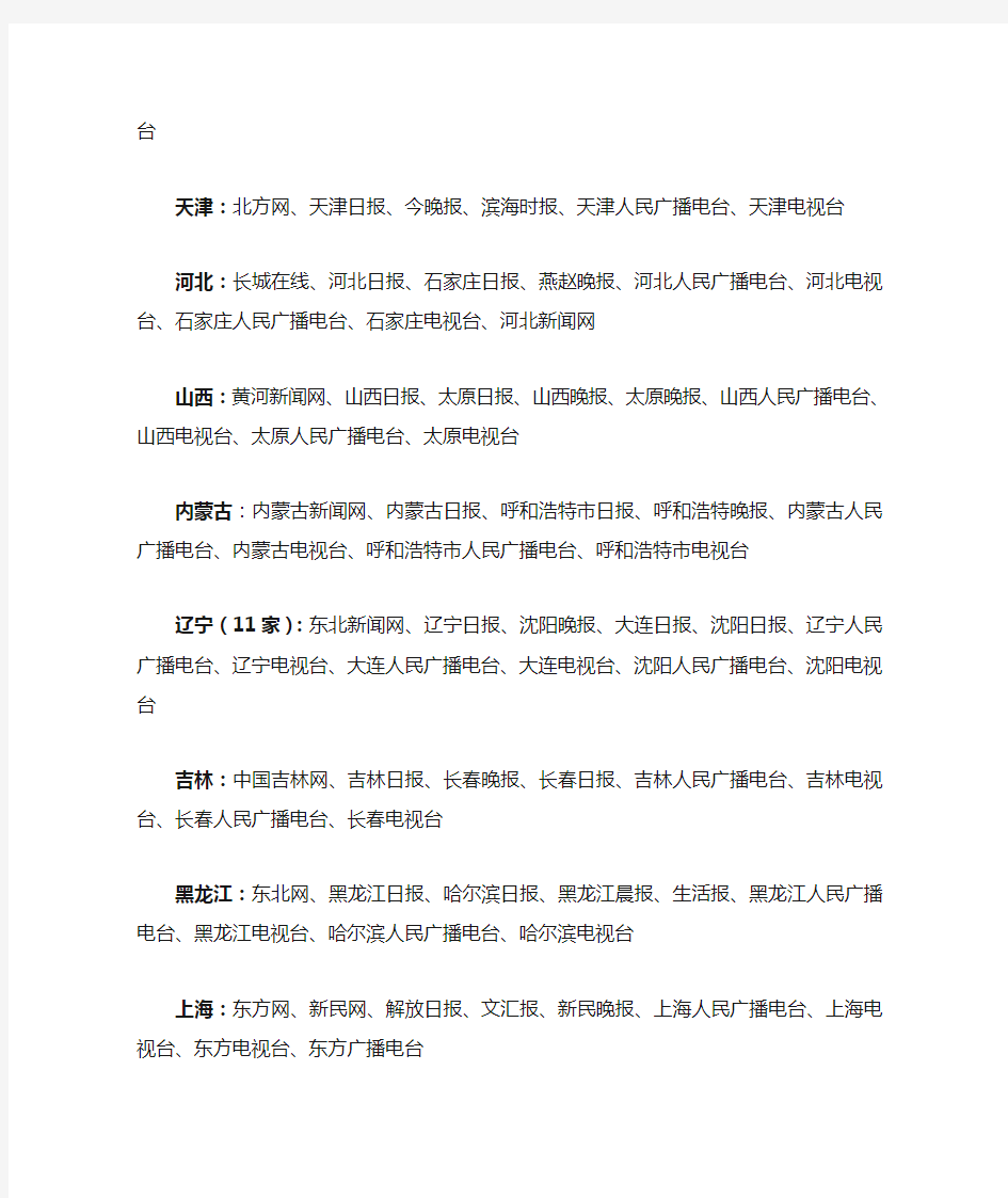 中国各地新闻媒体和网站单位名单